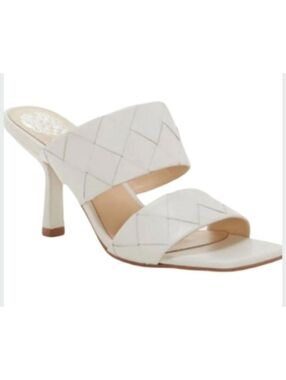 Vince Camuto Woven Leather Heeled Mules | White Wedding Special Occasion Sandals